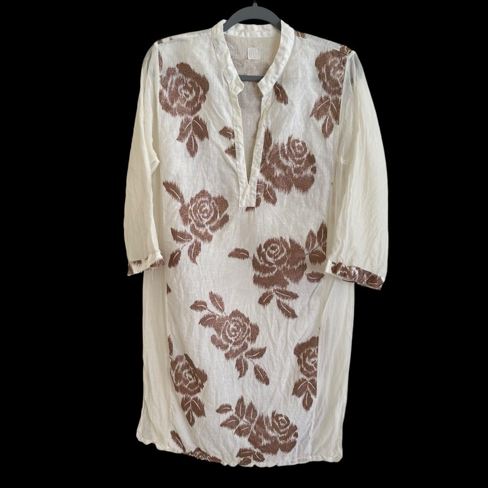 120% Lino Womens 44 Linen‎ Tunic Top Glitter Medallion V Neck Beachy White Boho